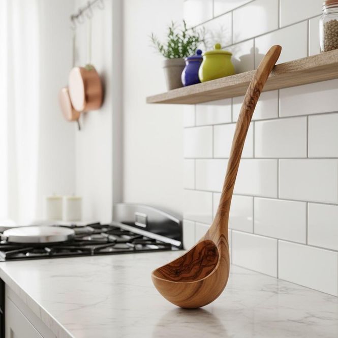 Hovedbilde Håndlaget Øse - Oliventre (30 cm)